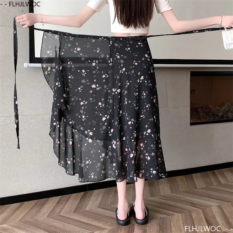 Wrap Up Chic Korea Clothes Women Cute Girls Floral Robe Holiday Beach Date High Waist Retro Vintage One-Piece Lace-Up Skirts