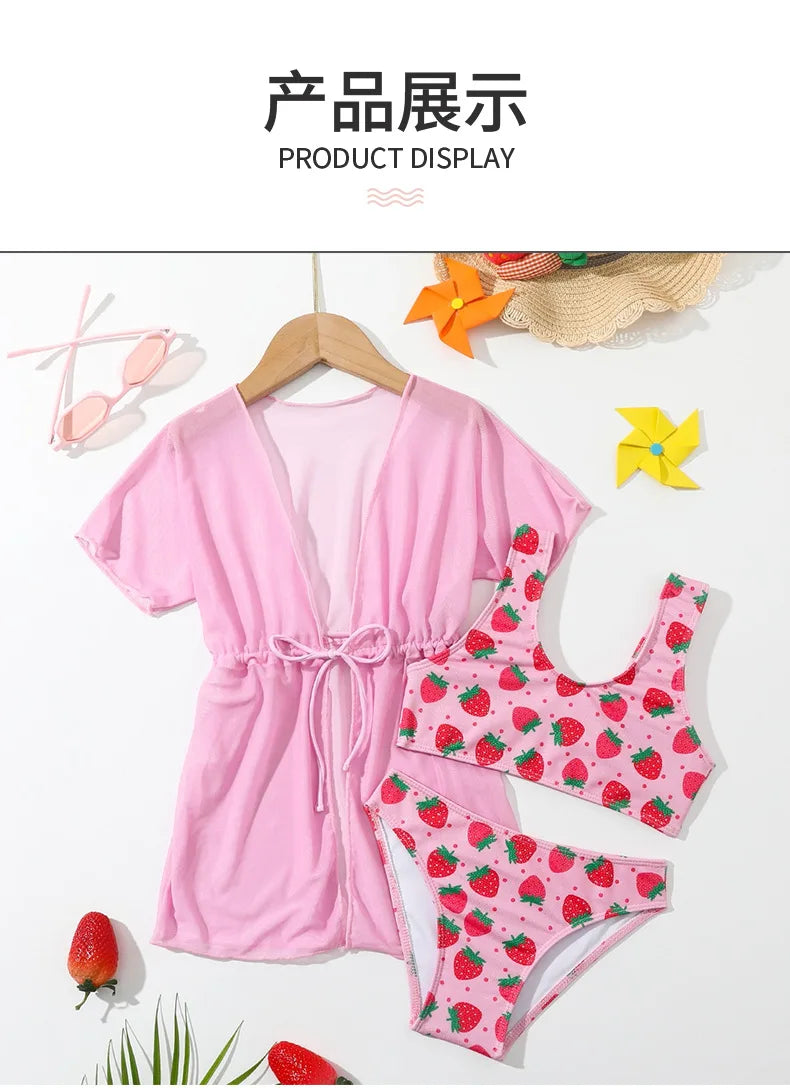Girls Swimsuit 3 Pieces Swimwear for Kids Summer 2026 Children Bathsuits Beach Cover-Ups Bikini Sets Teenager Clothing