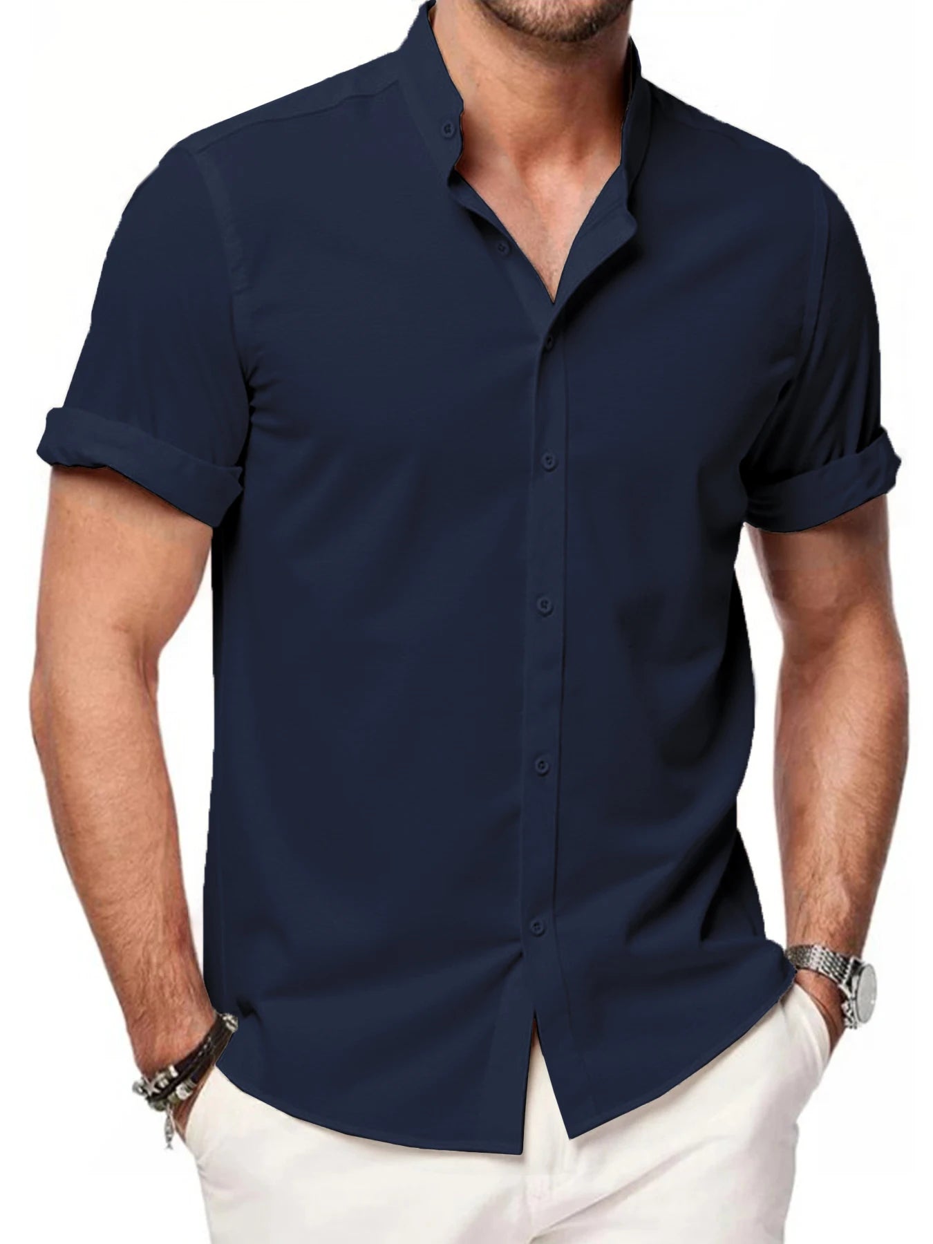 Summer Men's Short Sleeve Shirts Solid Color Stand Up Collar T Shirts Loose Casual Beach Shirt Breathable Male Linen Tops