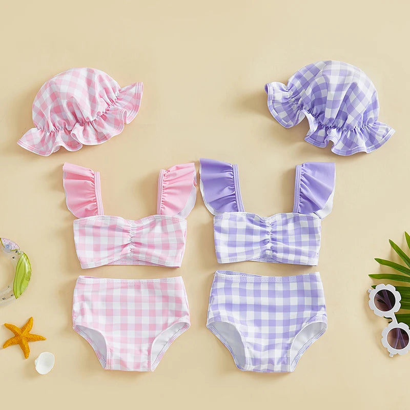 0-3T Toddler Girl Bikini Set Swimsuit Plaid Print Flutter Sleeves Tank Tops with Shorts and Hat Bathing Suit 3 Pcs Beachwear