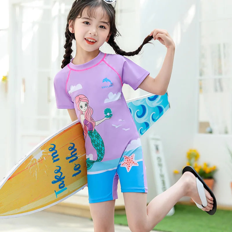 Girls Swimsuits One-Piece Bathing Suits with Hat Summer Beach Water Sport Short Swimsuit with Cartoon Pattern for 2-13 Years Old