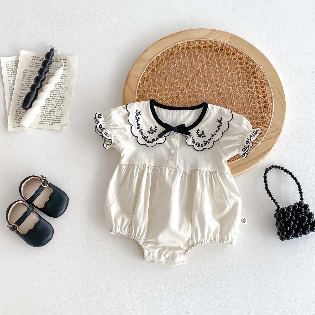 Baby Summer Embroidered Lapel Short Sleeve Triangle Jumpsuit Girl Baby Sweet Cute Jumpsuit with Bow for Summer Toddlers and Baby