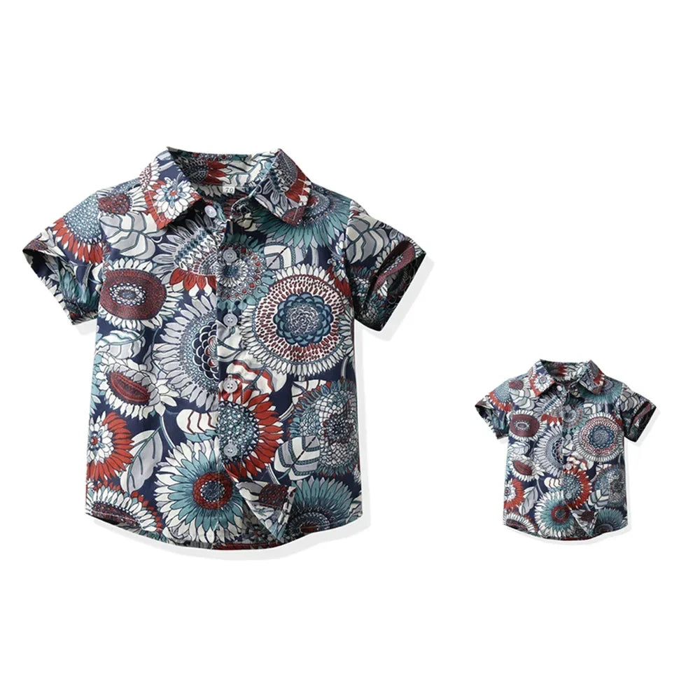 Boy Hawaiian Flower Shirt  Lapel Short Sleeve Father Kid Shredded Casual Cardigan Parent Child Clothe Button Summer Beach Blouse