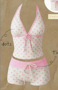Women Swimwears Polka Dot 2-Piece Tankini Set Halter V Neck Front Tie Cami Top & Contrast Waistband Drawstring Swim Shorts