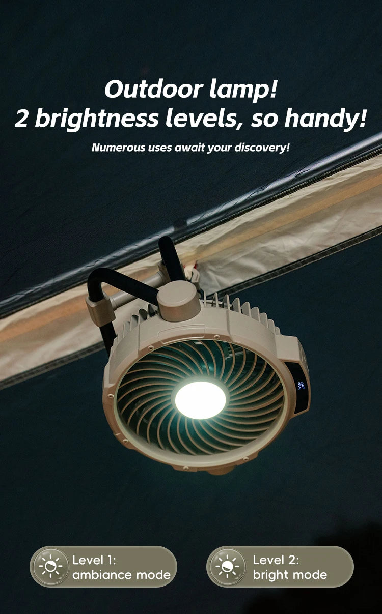 Portable 6 in 1 Outdoor Camping Fan 10000mAh Rechargeable Wireless Tent Ceiling Fan 5 Speed Adjustment Remote Control LED Light
