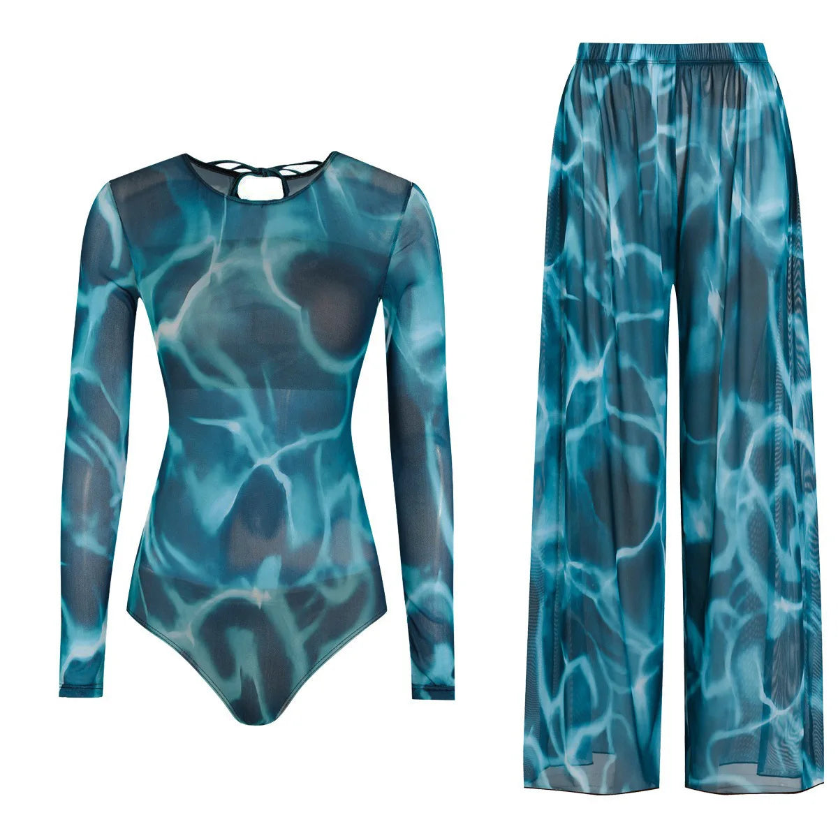 Women's Long Sleeve Swimwear Sunscreen One Piece Swimsuit High Elastic Thickened Mesh Loose Pants SPF35+ New Fitness Beachwear