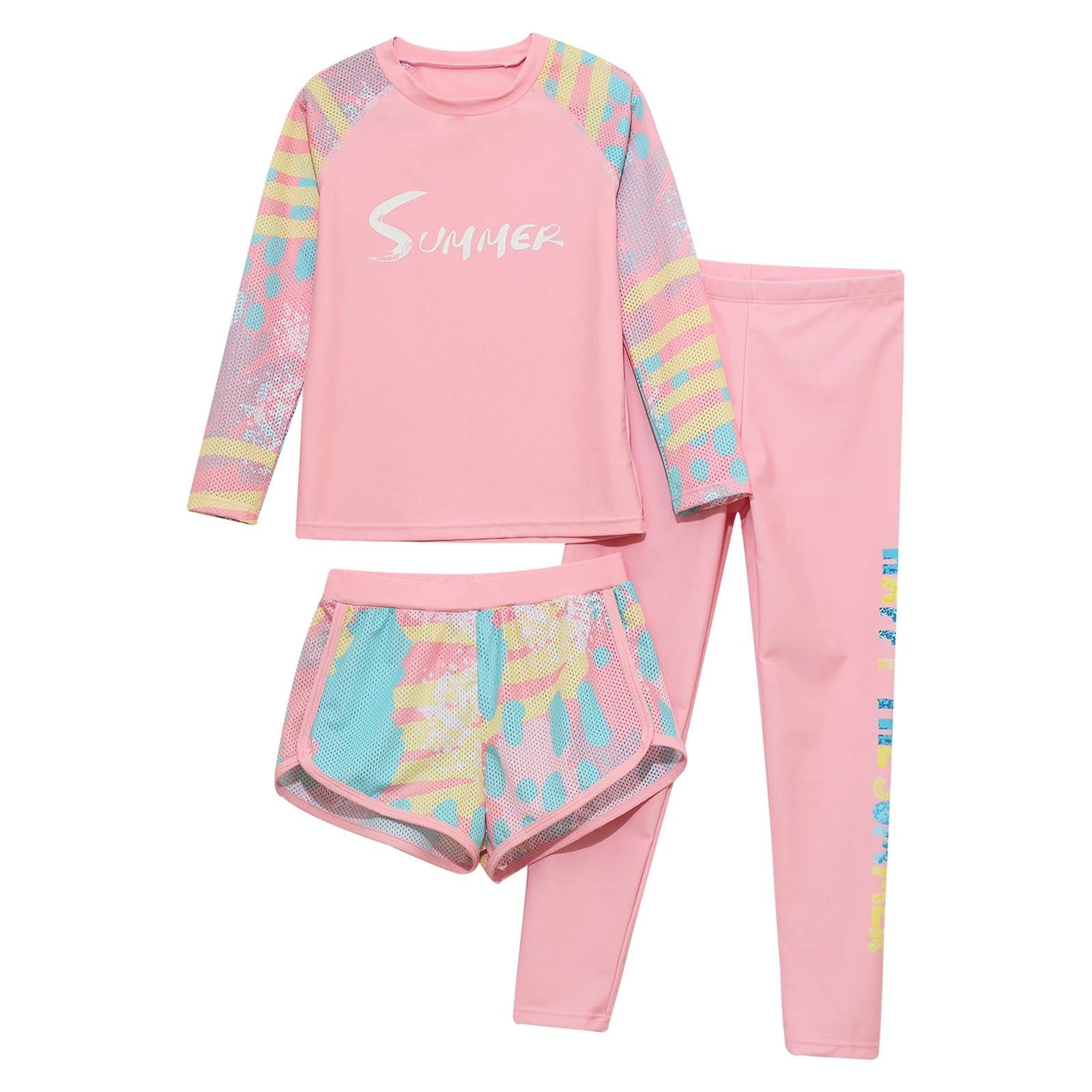 Kids Girls Swimsuit Rash Guard 3Pcs Sunsuit Outfit Long Sleeve Floral Tops Shorts Legging Child Sun Protection Pool Swimwear Set