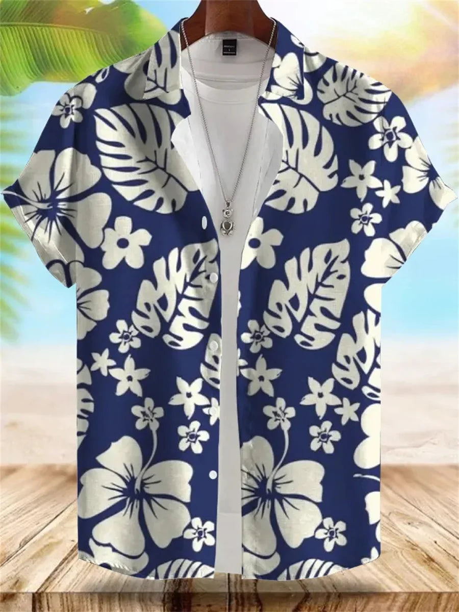 2026 Summer New Men's Tropical Floral Print Short-Sleeve Shirt, Casual Loose Fit, Vacation Style, Beachwear, Hawaiian Shirt