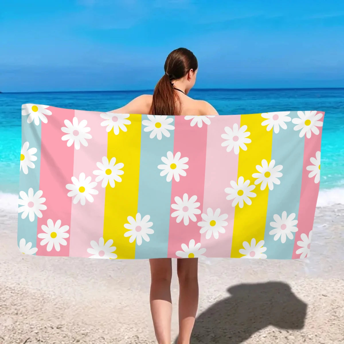 1pc Bohemian Large Beach Towel, Striped Flower Love Printed Bath Towel, Outdoor Swimming, Vacation, Camping Beach Towel