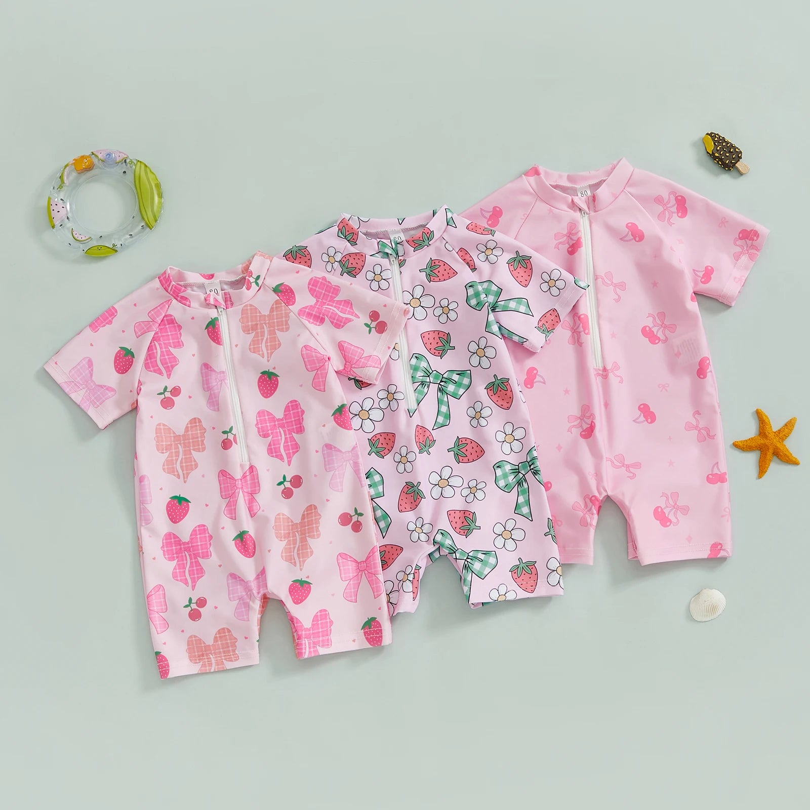 Summer Toddler Baby Girl Short Sleeve Swimwear Bathing Suit Infant Rash Guard Swimsuit Kids Cherry/Bow Print Zipper Beachwear