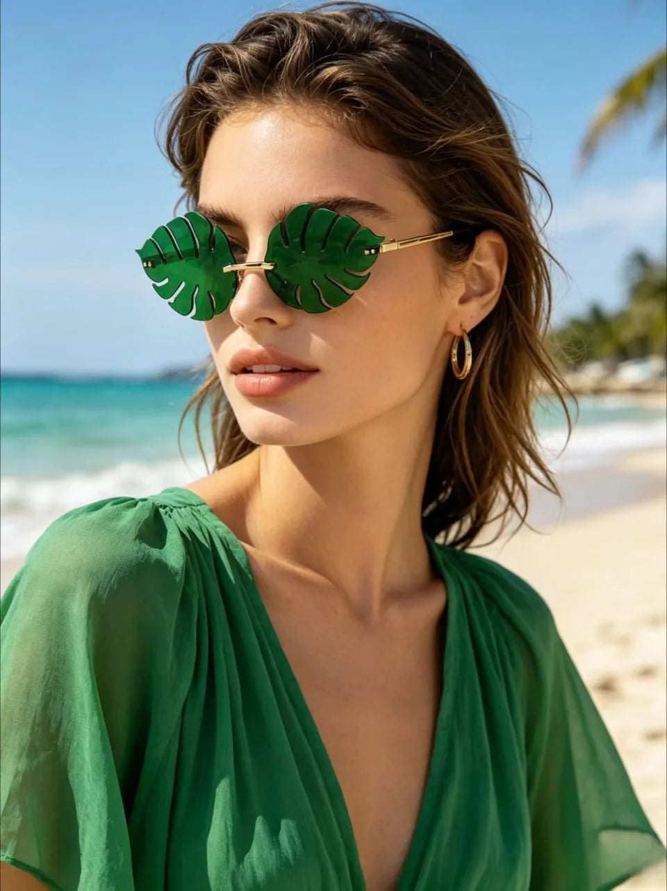 Trendy Tropical Leaf Sunglasses Unisex Rimless Green Monstera Sun Glasses Novelty Plant Shaped Eyewear for Beach Summer Carnival
