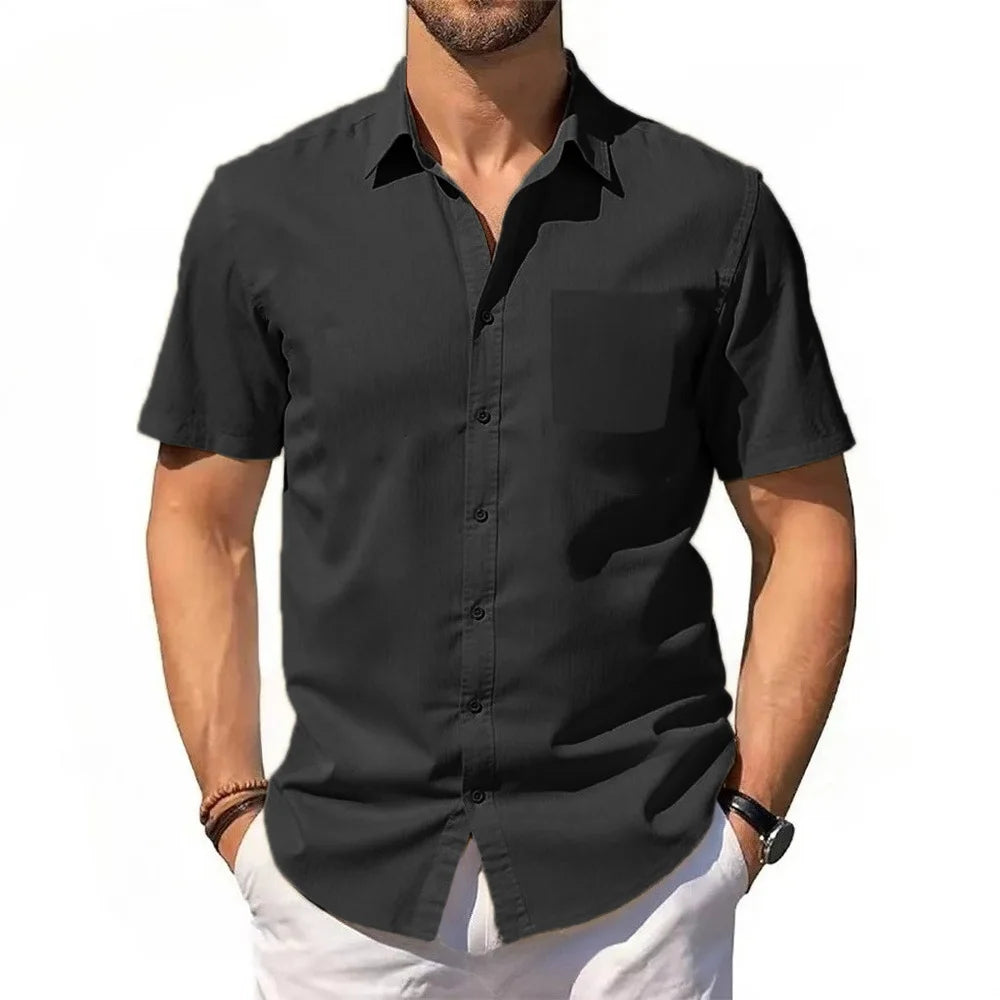 Men's Cotton Linen Shirt Summer Short Sleeve Button Up Hawaiian Lightweight Shirts Vacation Casual Lapel Collar Tops