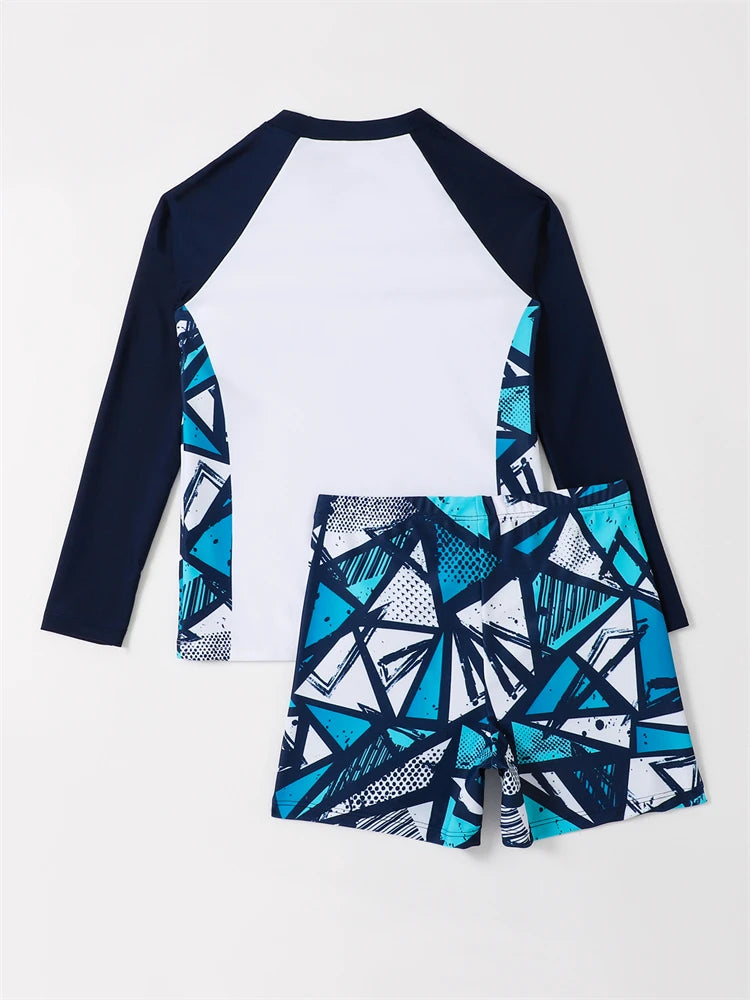 Boy Swimsuit 2026 New Geometry Print Long Sleeve Children Swimwear Summer Two Piece Kids Beach Wear Swimming Bathing Suit Men's