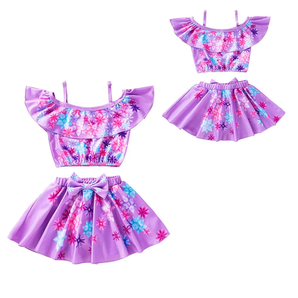Encanto Cosplay Mirabel Isabela 2Pcs Tops Skirt Set Girls Dolores Luisa Pepa Bikini Swimwear Children Print Beachwear Costumes