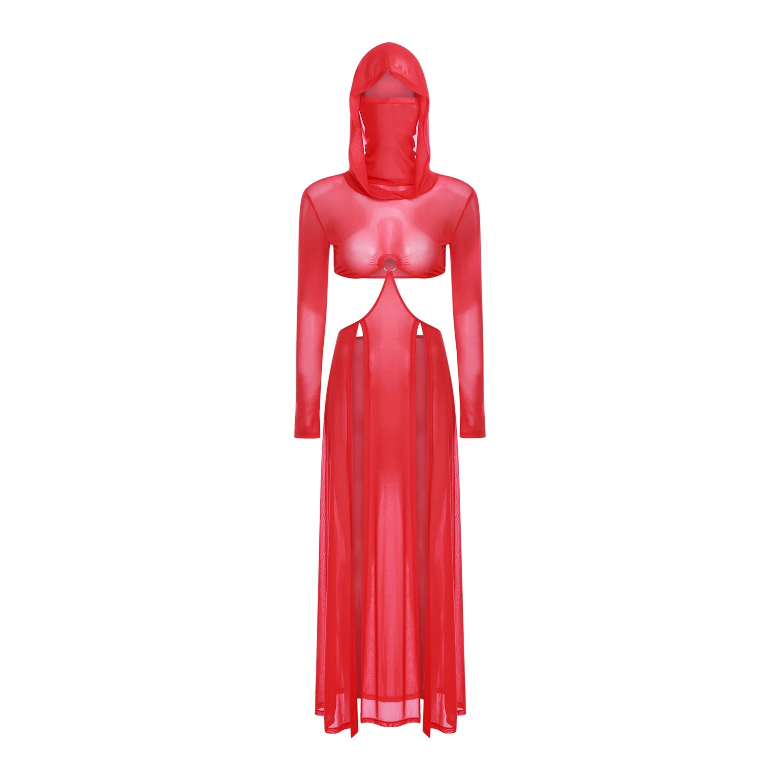 Women Sheer Dress with Hooded Face Mask Maxi High Slit Sexy Mesh Dress Long Sleeves Hollow Out Sheer Dress Cover Up Swimwear
