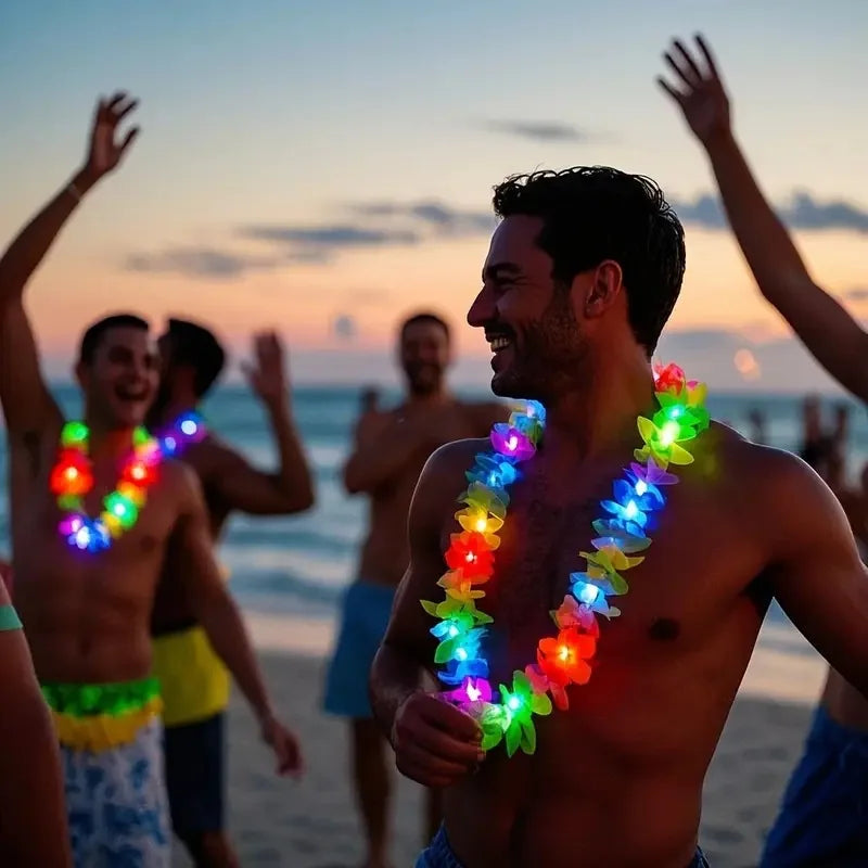 Light up Hawaiian Leis Tropical LED Glow Necklaces Headbands Luau Party Artificial Rainbow Lei Carnival Beach Wedding Masquerade