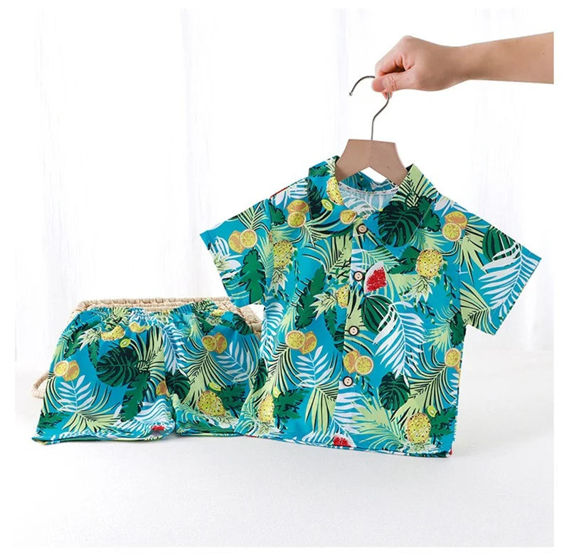 Summer Children Beach Shirt Set Boys Girls Baby Loose Printed Shirts Fashion Vacation Style Kid Short Sleeve+short Pants Outfits