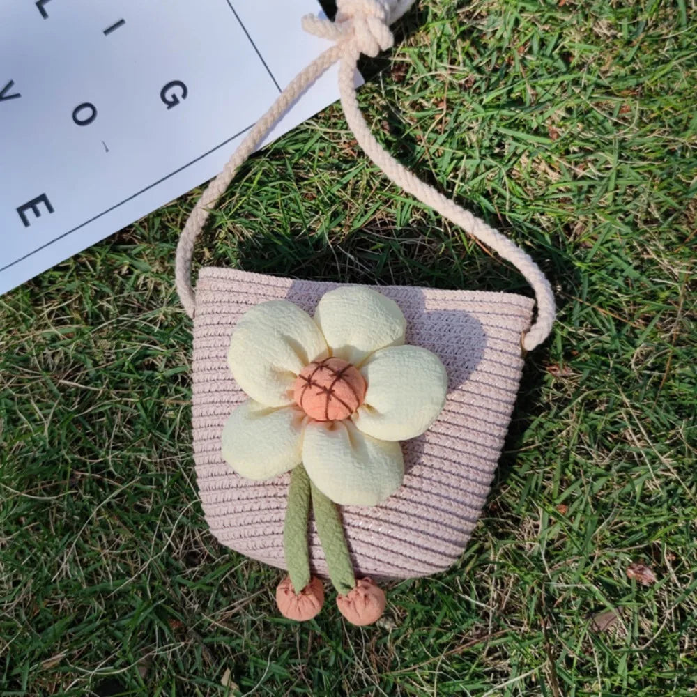 Flower Straw Baby Bags Handmade Summer Beach Women Girls Shoulder Bag Messenger Bag Kids Keys Coin Purse Princess Mini Handbag
