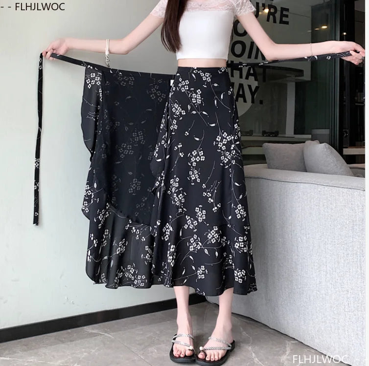 Wrap Up Chic Korea Clothes Women Cute Girls Floral Robe Holiday Beach Date High Waist Retro Vintage One-Piece Lace-Up Skirts