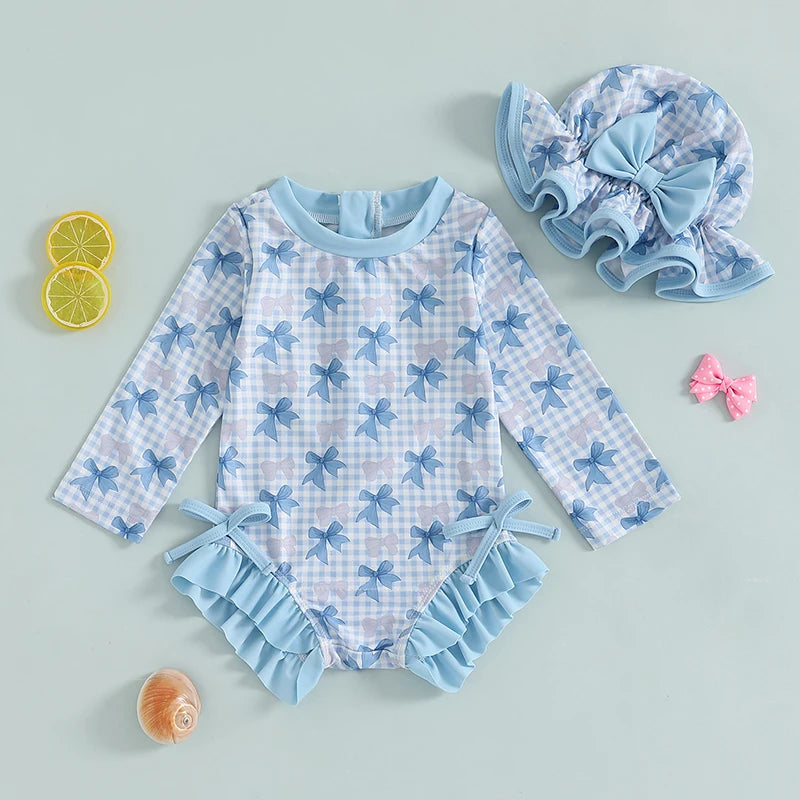 1-4T Children Baby Girl Rash Guard Swimsuit Long Sleeve Bow Plaid Print Bathing Suit Infant Swimwear with Sun Hat