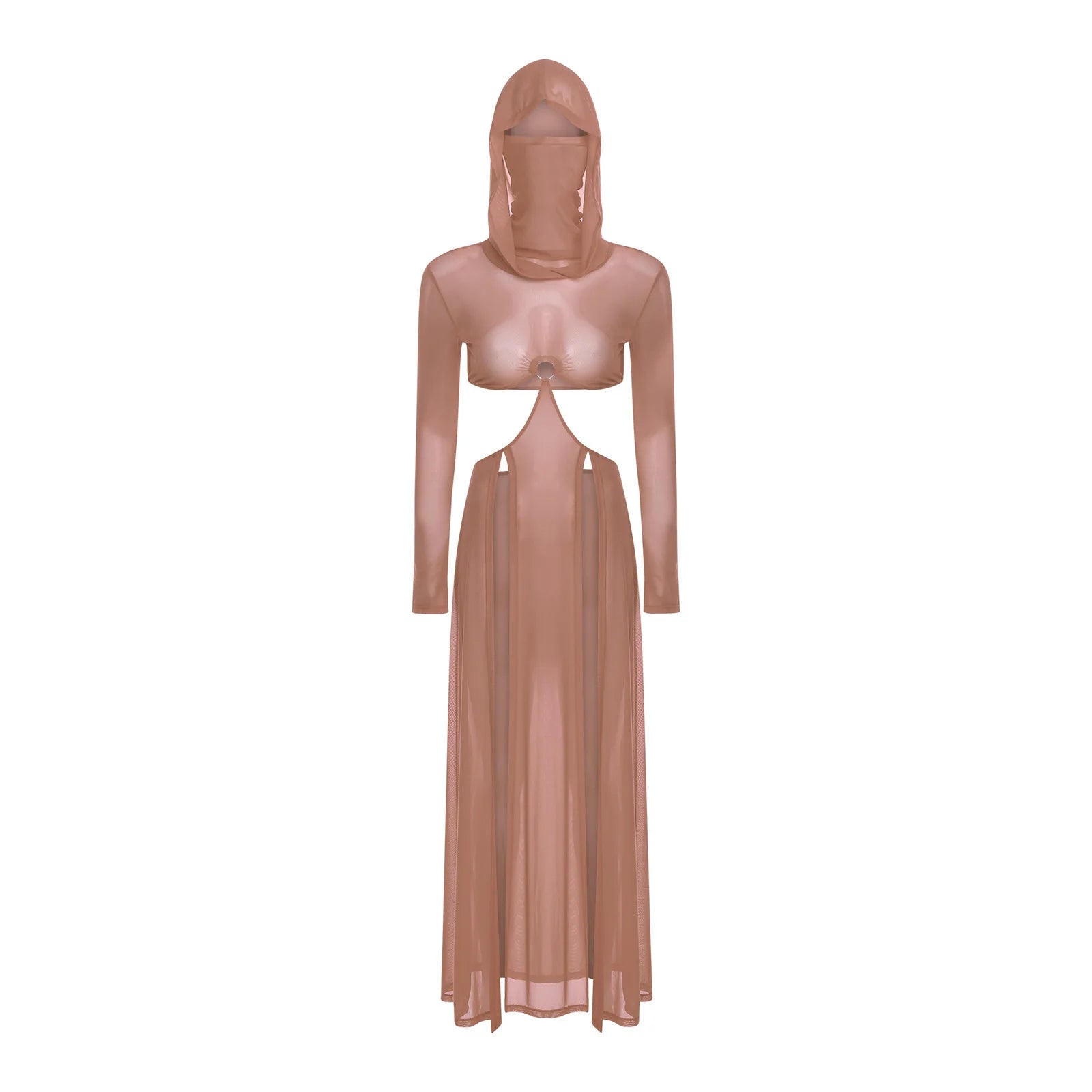 Women Sheer Dress with Hooded Face Mask Maxi High Slit Sexy Mesh Dress Long Sleeves Hollow Out Sheer Dress Cover Up Swimwear