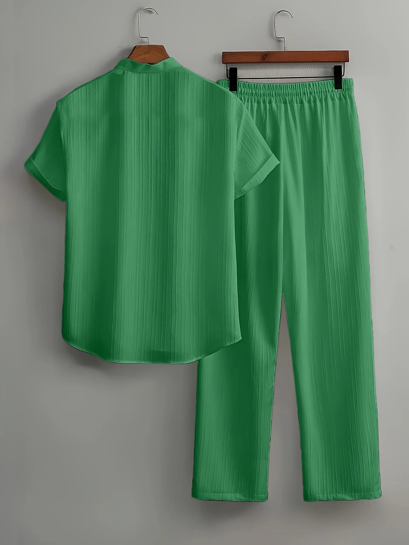 Men's Summer White Suit Outdoor Travel Suit Solid Color Vertical Strip Lapel Short-sleeved Shirt Drawstring Pants Two-piece Set