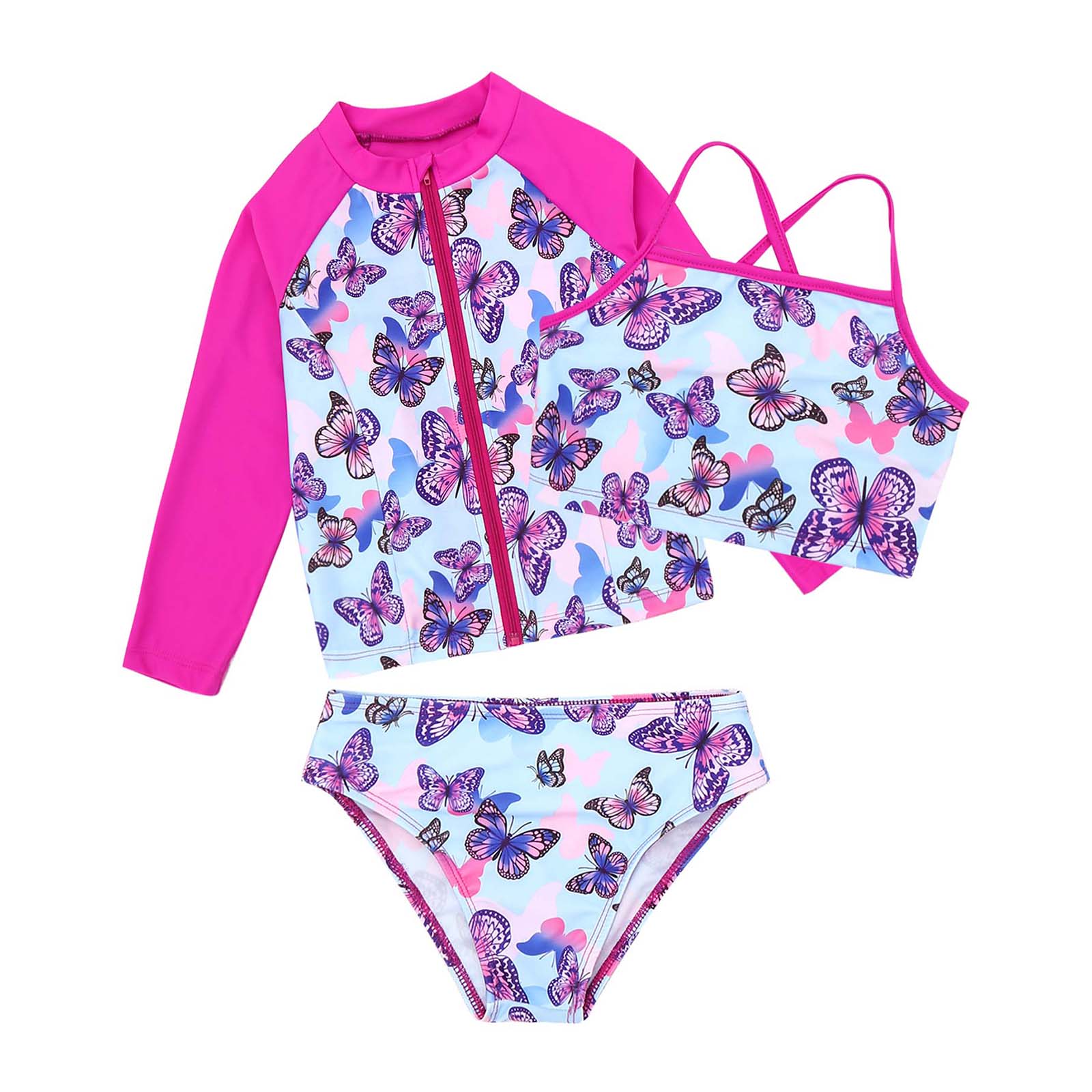 Kids Girls 4PCS Printed Swimsuit Long Sleeve Outerwear with Sleeveless Crop Top Briefs Shorts Bathing Suit Rash Guard Swimwear