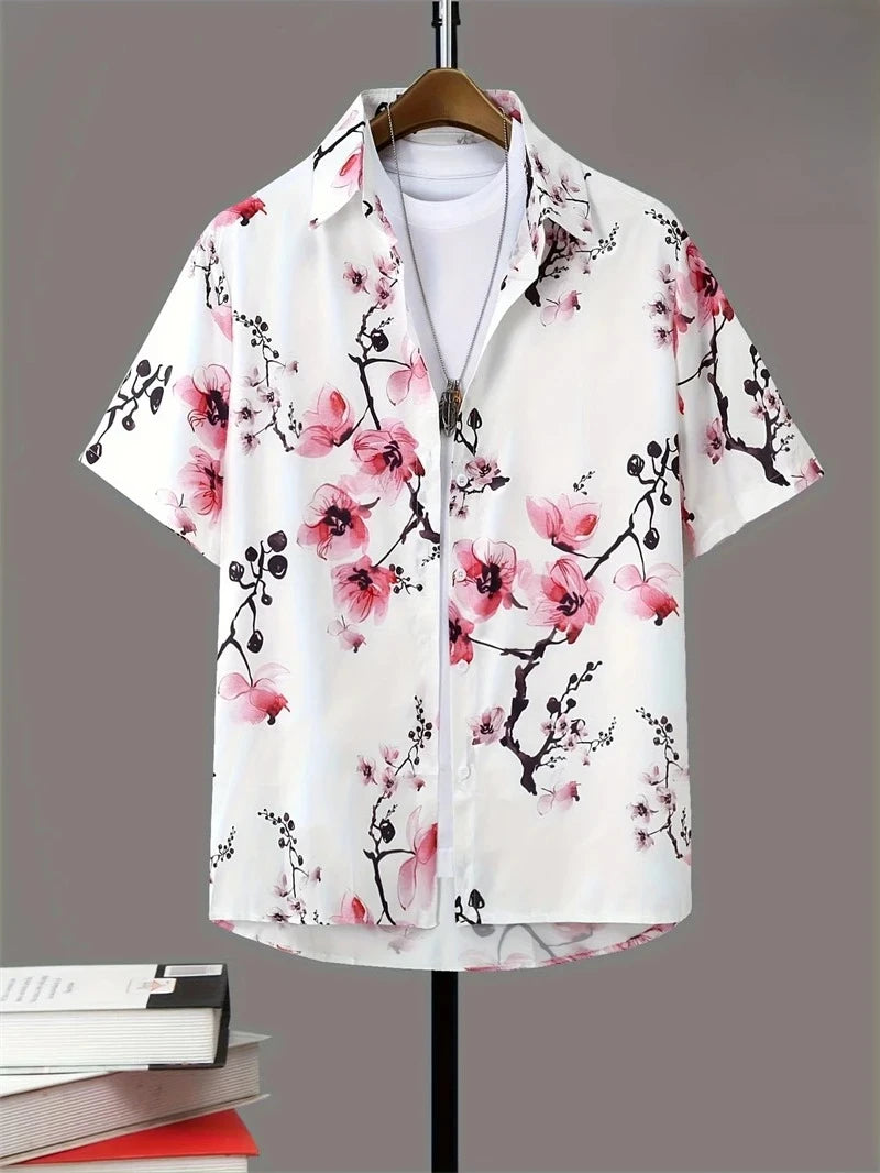 Floral Shirts Men's Hawaii Holiday Party Blouse 2025 Lapel Beach Shirt Flower Camisas Short-sleeved Womens Clothes