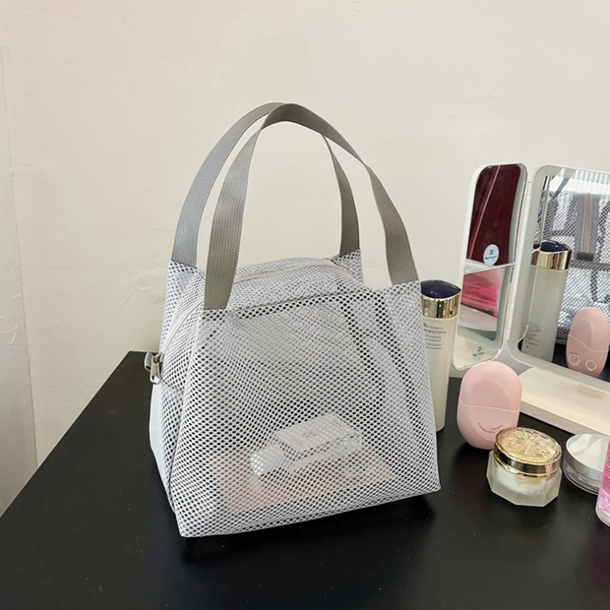 Large Capacity Travel Mesh Bag Portable Cosmetic Zipper Pouch with Handle New Design Makeup Toiletry Beach Bag