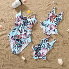 2024 New Mom Daughter Swimwear Floral Pattern Ruffle One-Piece Swimsuit Dad Son Swim Shorts Family Matching Outfits Beach Wear