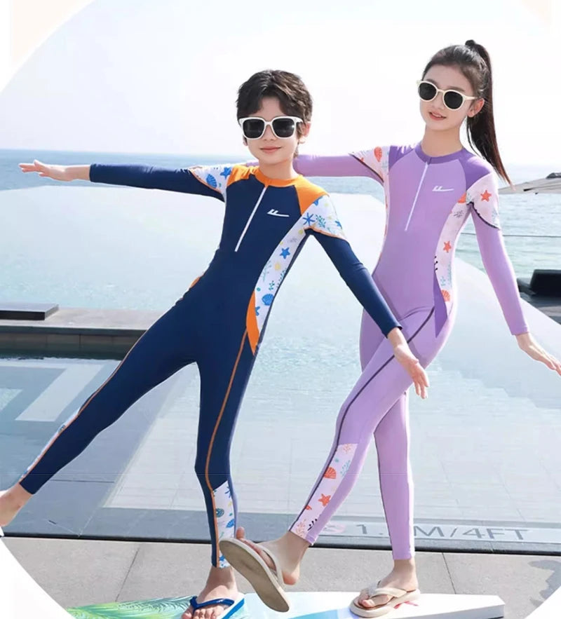 Girls And Boys Swimwear One Piece Long Sleeve Swimsuit Kids UV Protection Front Zipper Children Swimming Suit Summer Beachwear