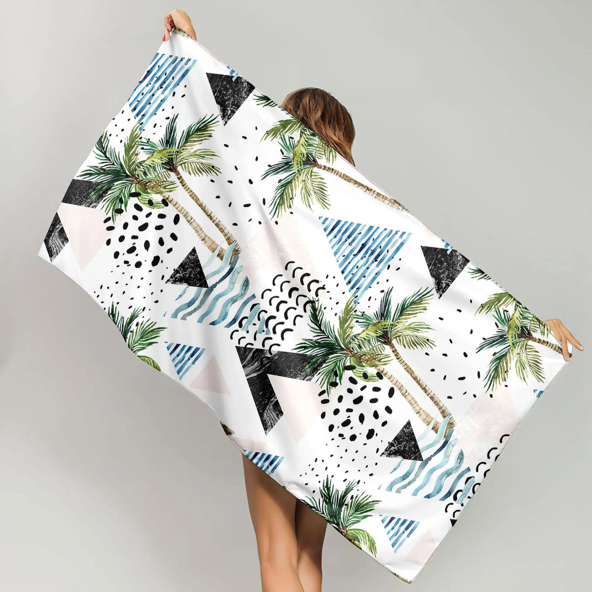 Watercolor Palm Tree Geometric Beach Towel Soft Microfiber Quick Dry Absorbent Towel For Beach Pool Vacation