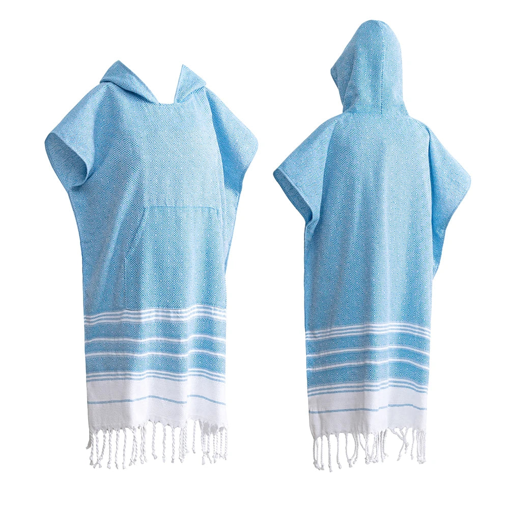 Wearable Turkish diamond plaid beach towel sandproof and quick-drying 100% cotton surf poncho bathrobe hooded wetsuit change of