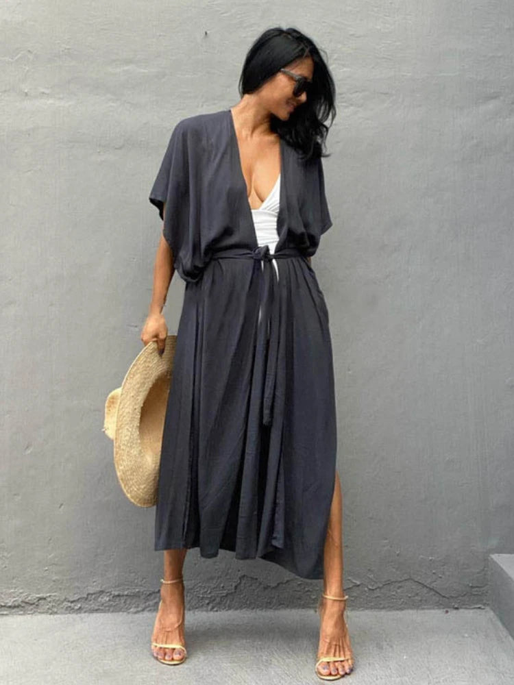 Swimsuit Cover Ups for Women Beach Cape Tunic Kimono Summer Belted Split Wrap Dresses Pareo Holiday Bathing Suits Factory Supply