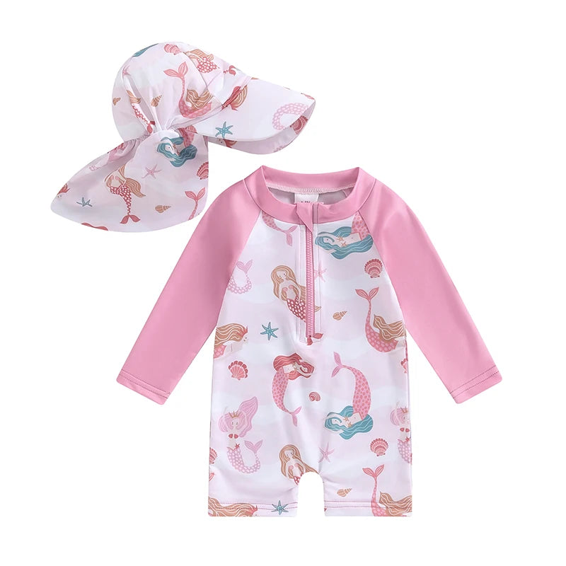 VISgogo Baby Girls Bathing Suit Sea Shell Print Long Sleeve Rash Guard Swimsuit Wide Brim Sun Hat Infant Toddler Beachwear