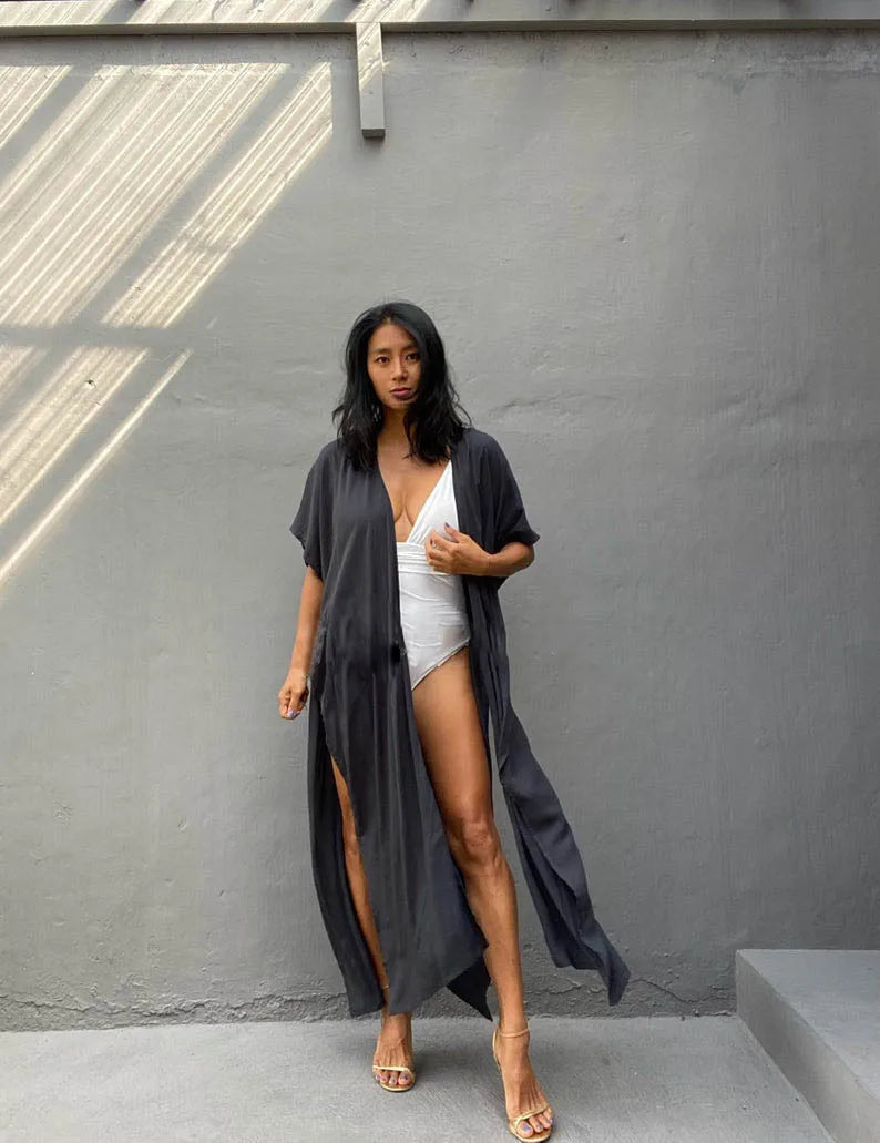 Swimsuit Cover Ups for Women Beach Cape Tunic Kimono Summer Belted Split Wrap Dresses Pareo Holiday Bathing Suits Factory Supply
