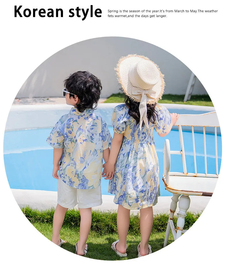 Vacation Couple Family Matching Outfit Dad Son Beach Shirts Mom Daughter Smock Dress Korean Parent-child Sister Brother Clothes