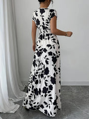 Ladies' Elegant Black and White Floral Print V-Neck Elastic Drawstring Waist Cinching A-Line Vacation Dress