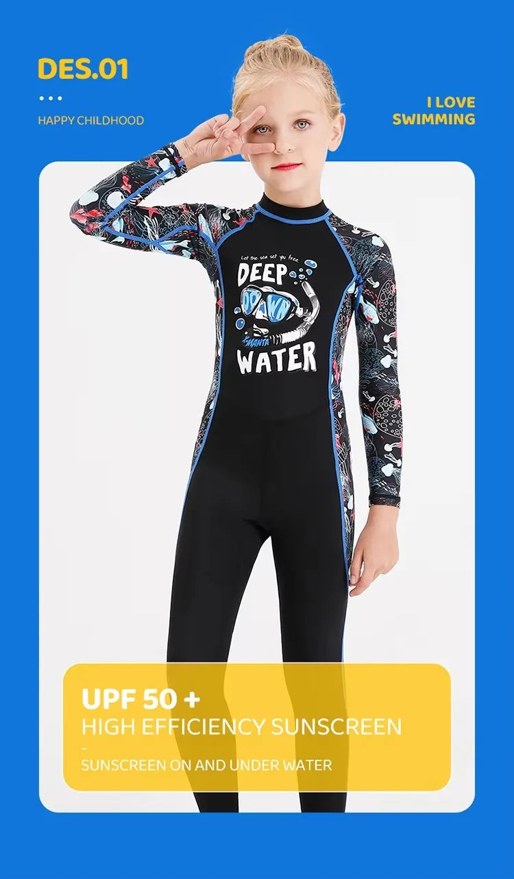 Girl Boy Swimwear Zipper One Piece Suit Kids Sunscreen Quick Drying Long Swimsuit Beachwear Bathing Suit(Including Swimming Cap)