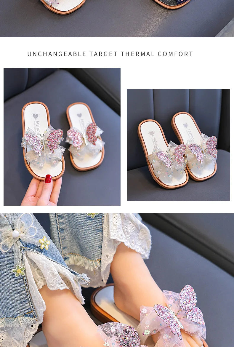 2026 Children's Summer Butterfly Knot Beach Sandals Plastic Slip-On Home Slippers Anti-Slip Beachwear Girls Flip Flops