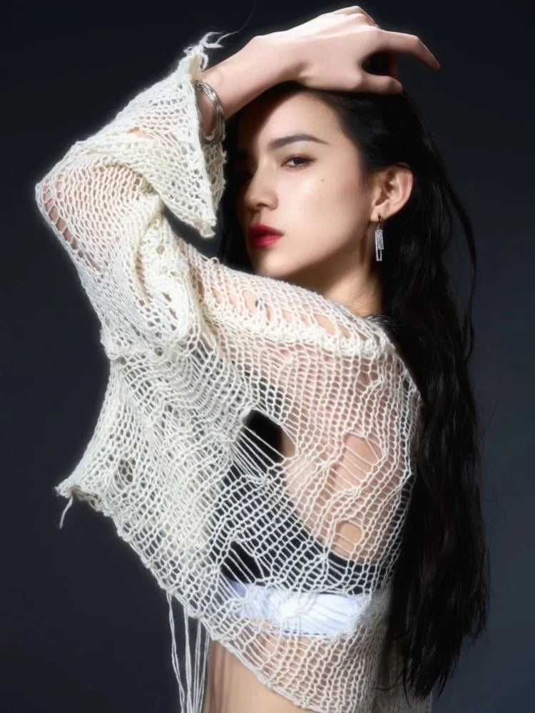 Y2k Cropped Hole Sweater Sexy Gyaru Hollow Out Knit Pullovers Goth Korean Long Sleeve Jumper Summer Fashion Sheer Knitwears Tops