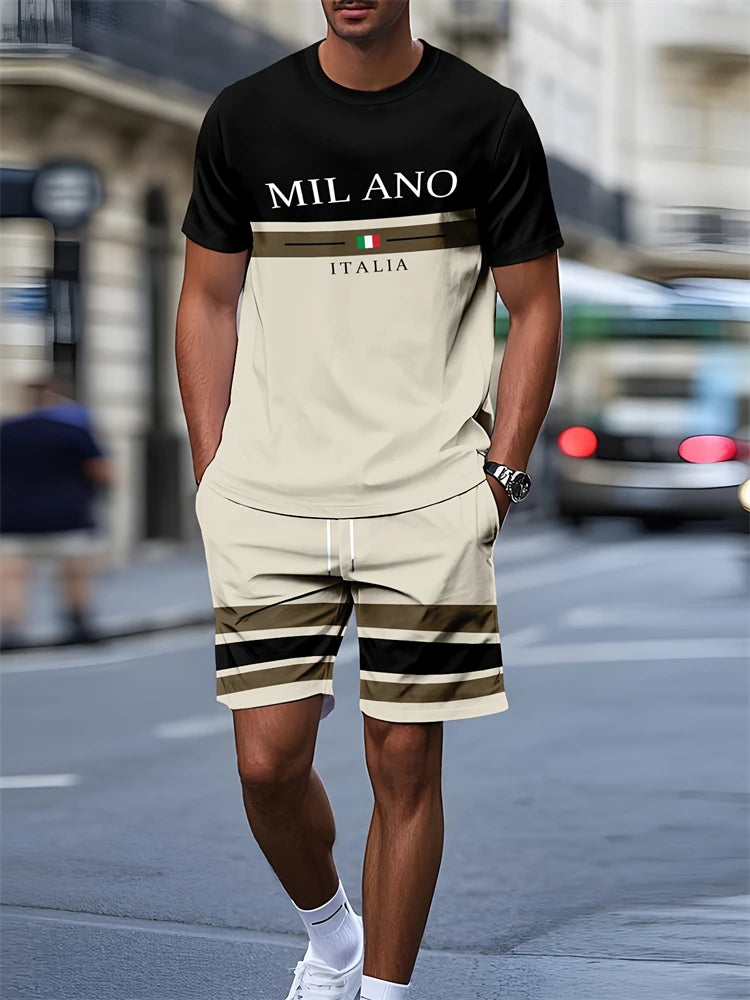 Summer Men's Stripe Letter Print Short Sleeve Top Shorts 2 Pieces Set Oversized Loose Round Neck T-shirt Man Drawstring Shorts