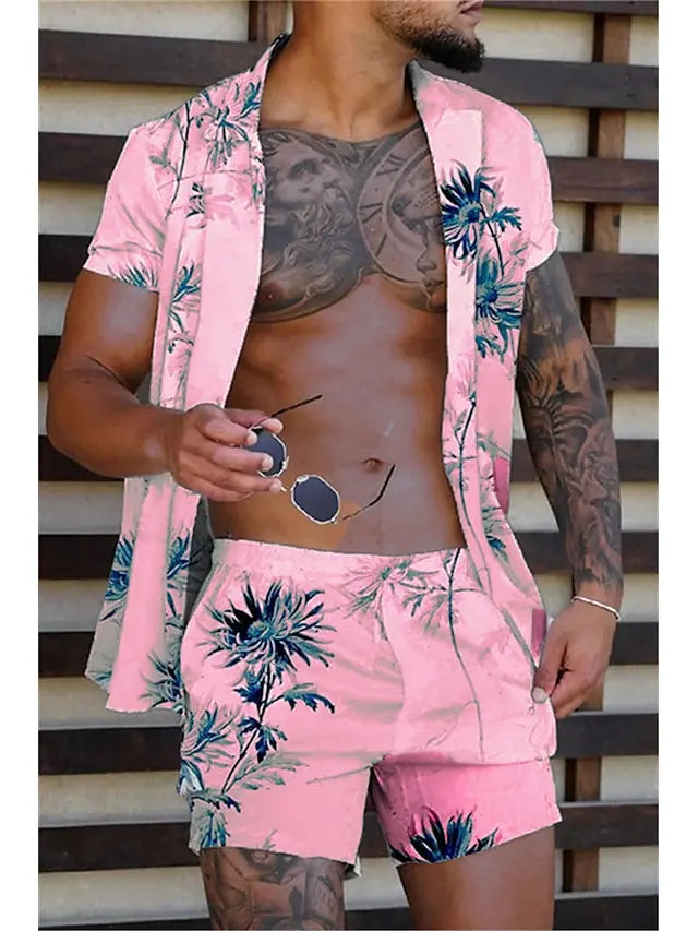 Hawaiian Plants Multicolor Print Men's Shirt and Shorts Two Piece Set Casual Vacation Men's Shirt Set Short Sleeve Button Shirt