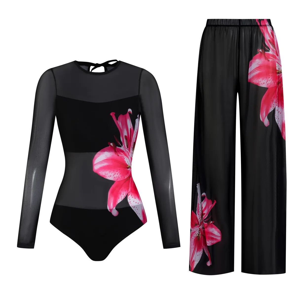 Women's Long Sleeve Swimwear Sunscreen One Piece Swimsuit High Elastic Thickened Mesh Loose Pants SPF35+ New Fitness Beachwear