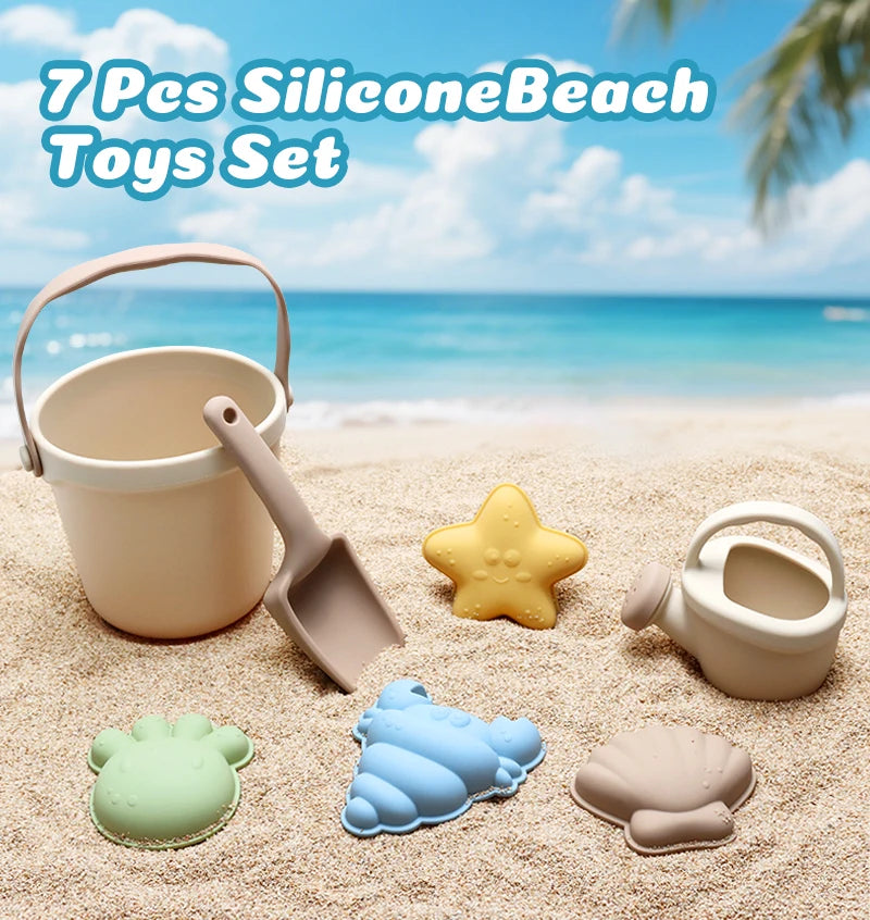 Kids Beach Bucket Set with Silicone Molds (Sea Star, Shell, Crab) | Sand Castle Toys for Outdoor & Sensory Play