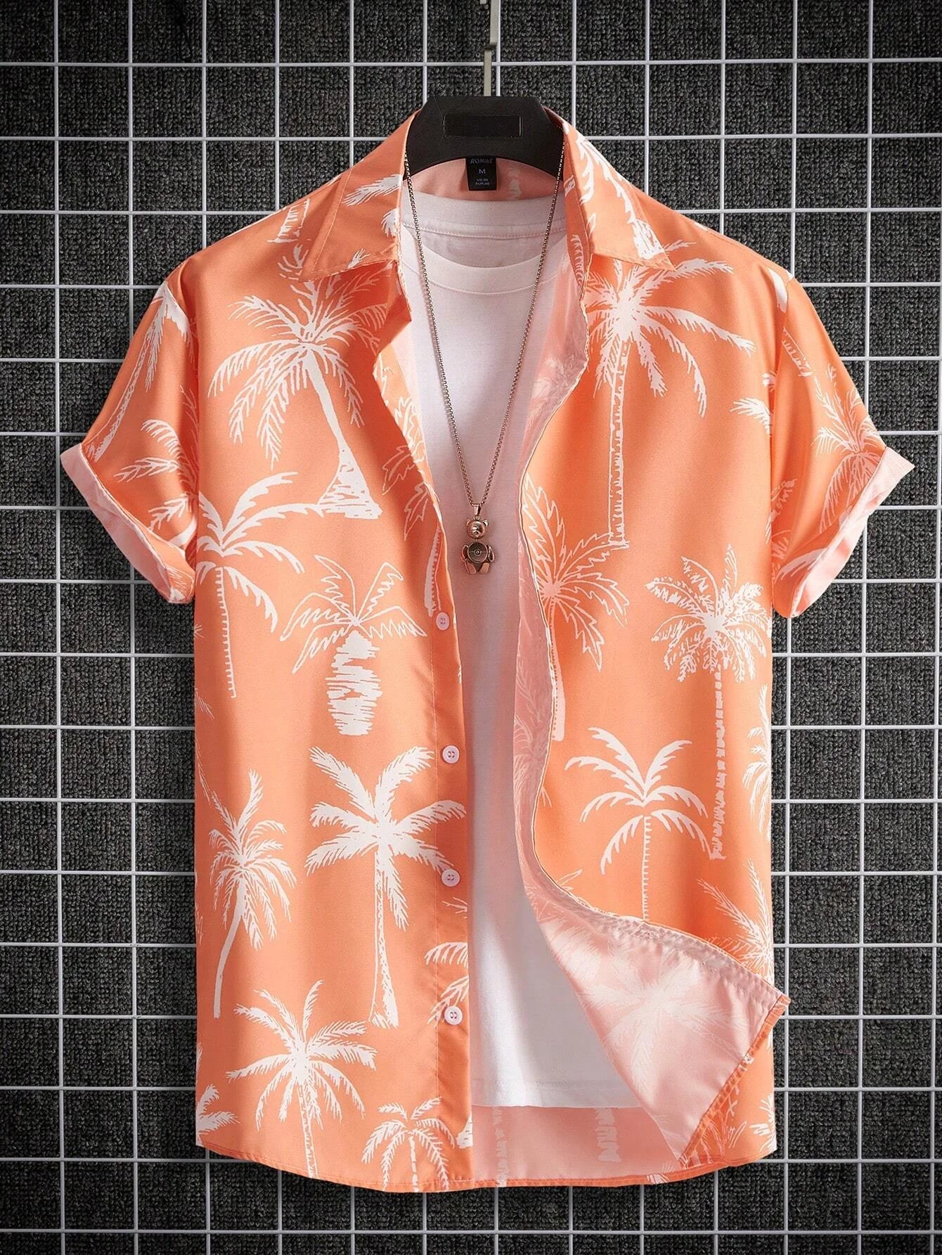 Tropical Coconut Tree Pattern Men's Short Sleeve Button Down Lapel Shirt For Summer Resort Holiday Hawaiian Style oversized tops