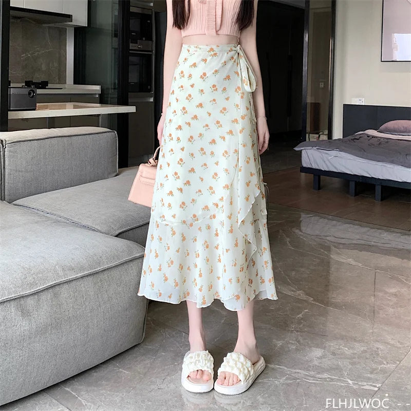 Wrap Up Chic Korea Clothes Women Cute Girls Floral Robe Holiday Beach Date High Waist Retro Vintage One-Piece Lace-Up Skirts