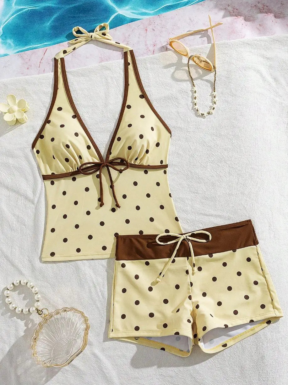 Women Swimwears Polka Dot 2-Piece Tankini Set Halter V Neck Front Tie Cami Top & Contrast Waistband Drawstring Swim Shorts