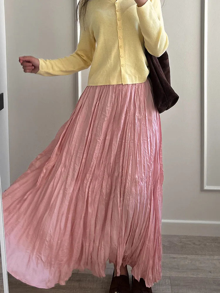 Streamgirl Women Summer Skirts Long Pleated A Line Elegant Solid Big Swing Maxi Skirt Ladies Blue White Beach Skirt Women Luxury