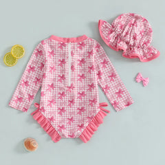 1-4T Children Baby Girl Rash Guard Swimsuit Long Sleeve Bow Plaid Print Bathing Suit Infant Swimwear with Sun Hat